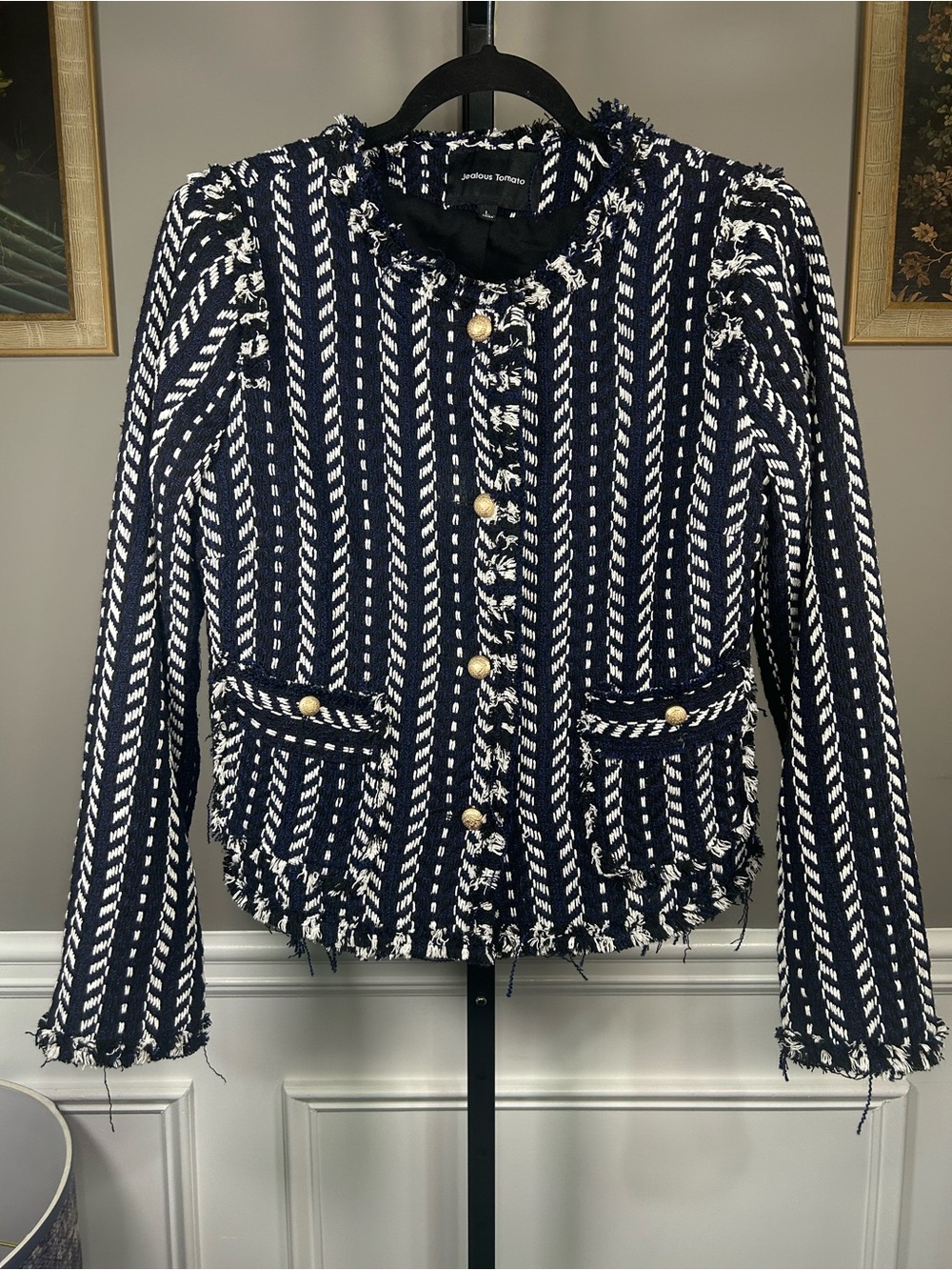 Jealous Tomato Navy and White Fringe Tweed Blazer Gold Buttons